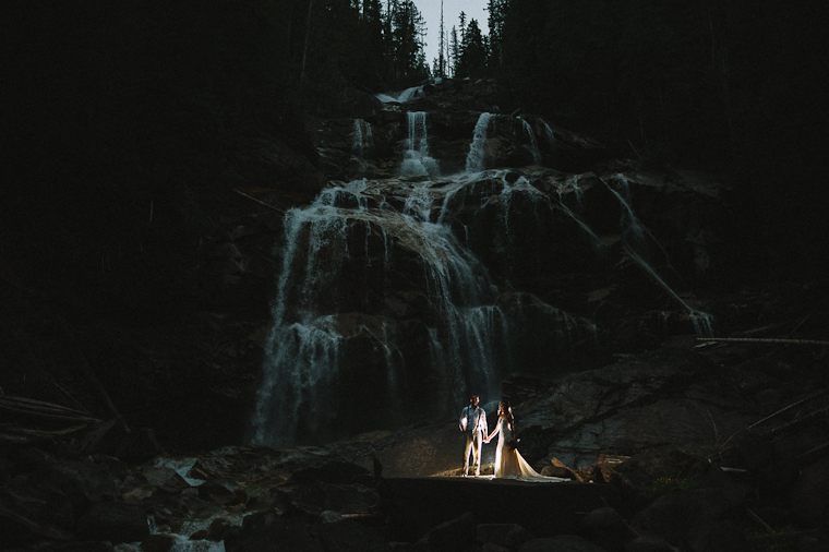 Wedding Portrait by Waterfall in Forest