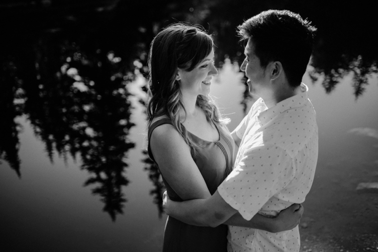 lake reflection engagement portrait